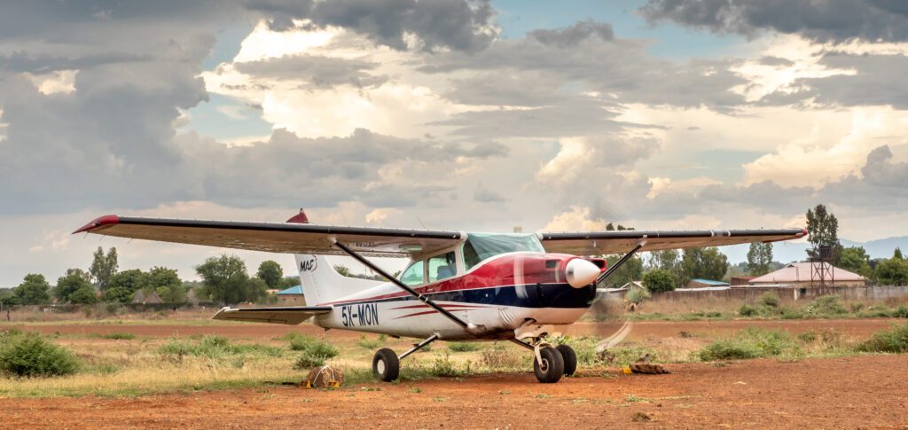 MAF Cessna 182 taxis for departure in Torit, South Sudan.