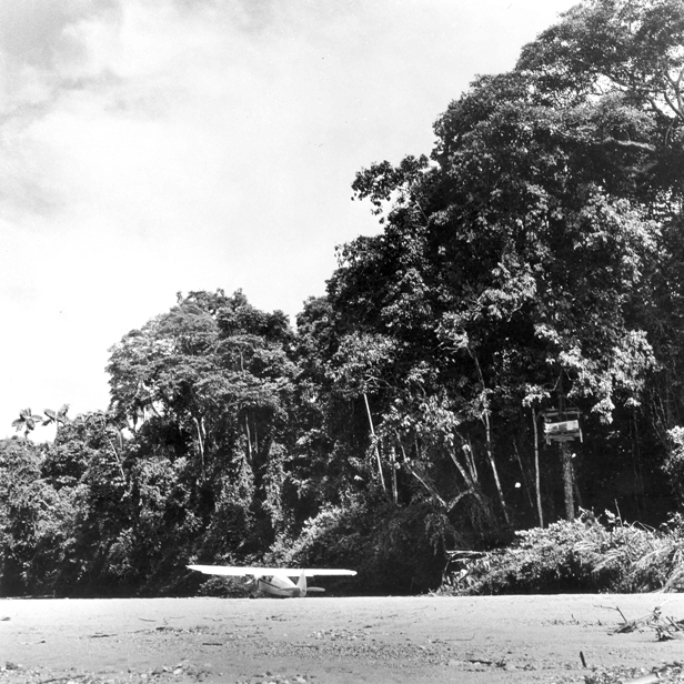 Piper Family Cruiser parked outside the missionaries' jungle tree house on Palm beach.