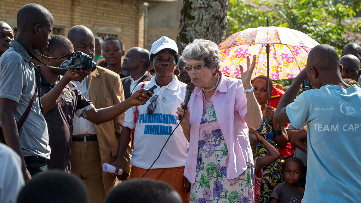Maud Kells welcomed in Mulita in DRC after arriving on an MAF plane. Photo by Mark & Kelly Hewes