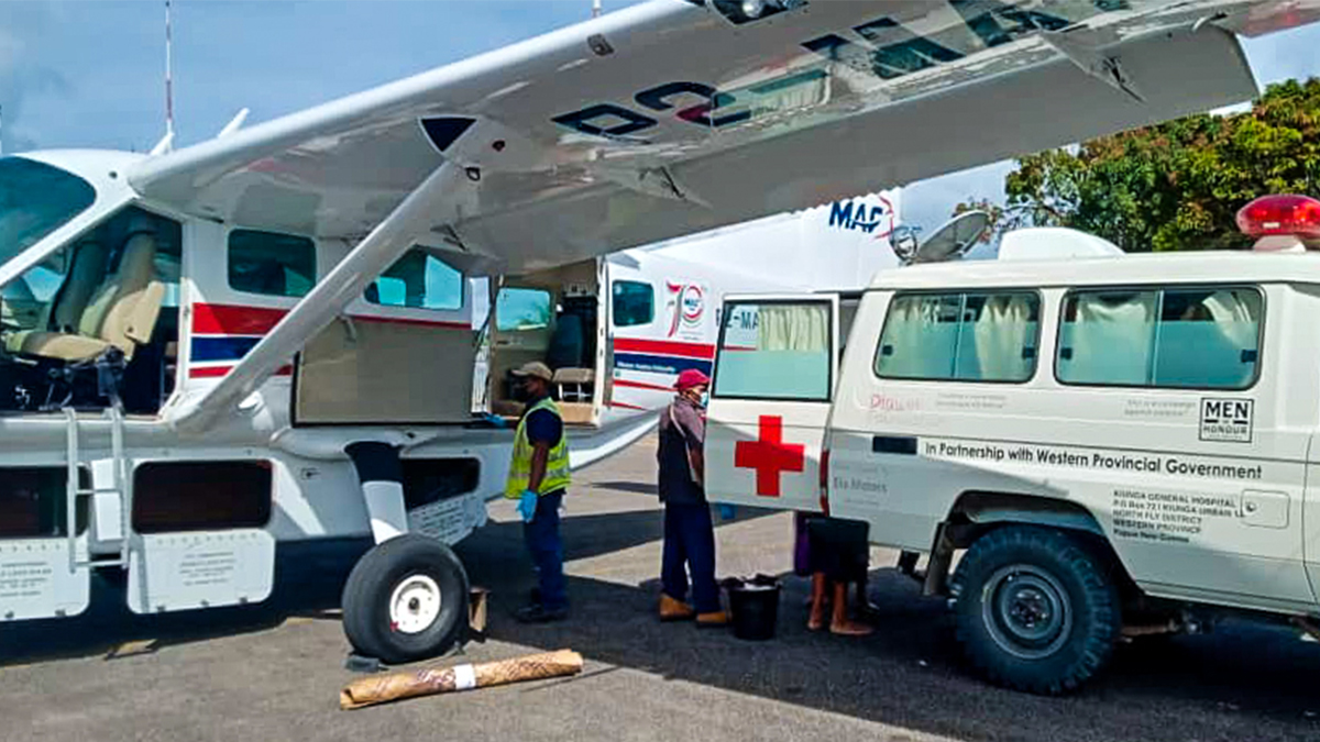 1st medevac of the week – a profusely bleeding woman is met at Kiunga Airstrip by an ambulance