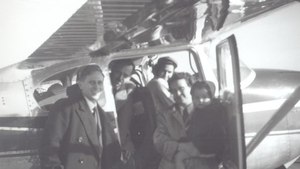 MAF’s first Cessna virgin flight piloted by Betty Green who flew the Kings to then Sudan – Stuart inside, Phyllis holding Rebecca right.