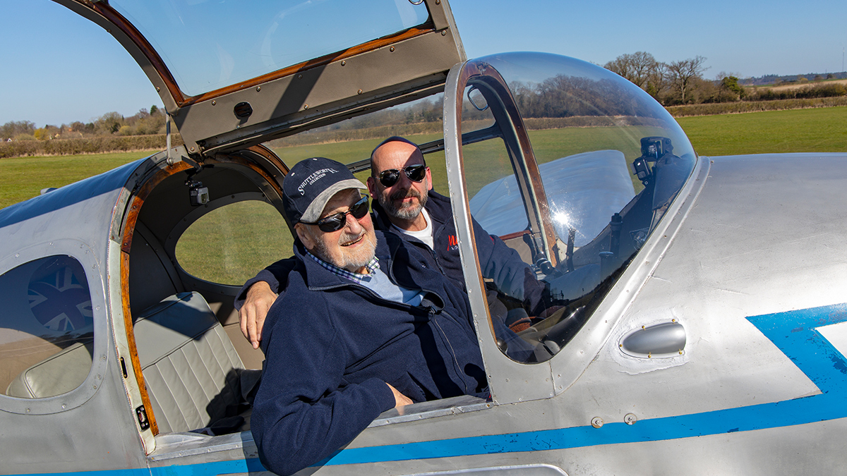 Jack Hemmings (L) in a Miles Gemini aircraft with its owner Stu Blanchard (R) in Old Warden Airfield