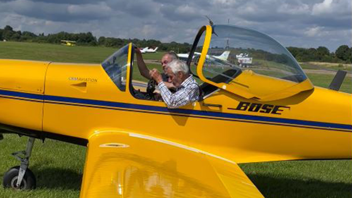 Jack Hemmings (front) accompanied by flight instructor, Nigel Rhind, prior to take off at White Waltham Airfield