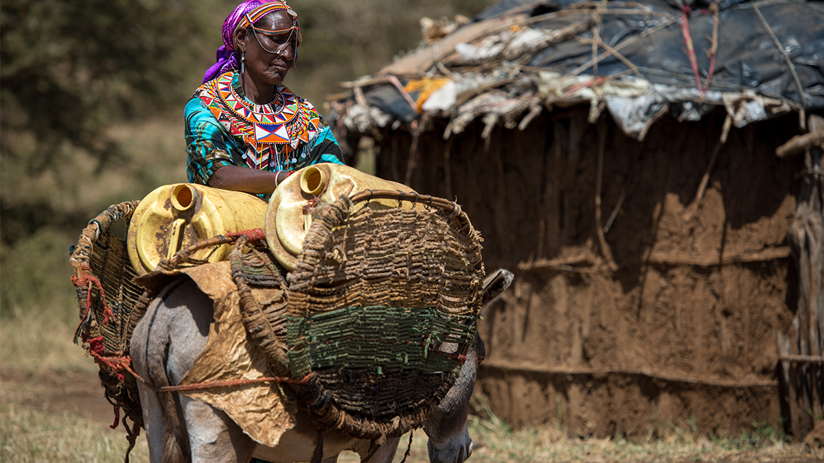 A Marsabit woman carries water on a donkey