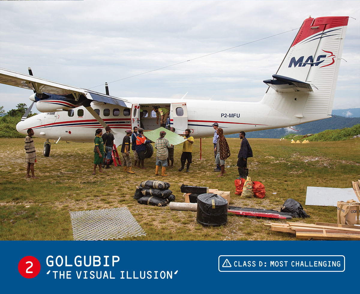 Photo of MAF plane being unloaded with caption - "Golgubip 'The visual illusion - class D: Most challenging"