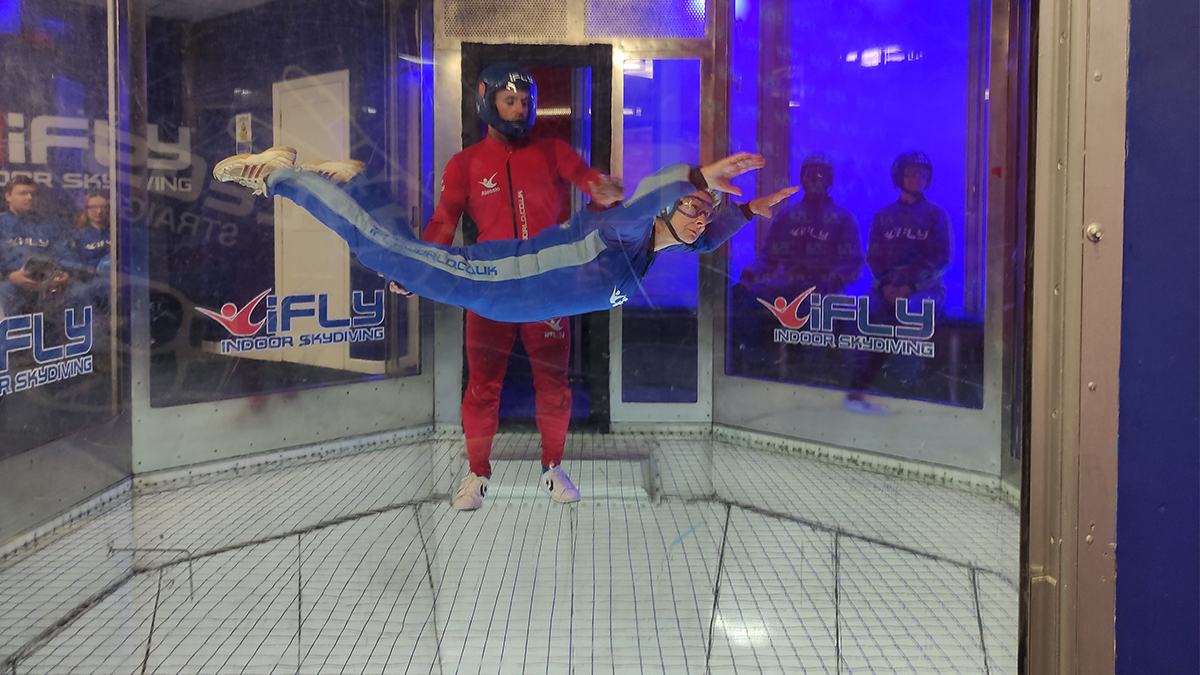 Patsy doing a skydive at iFLY Indoor Skydiving centre in Milton Keynes