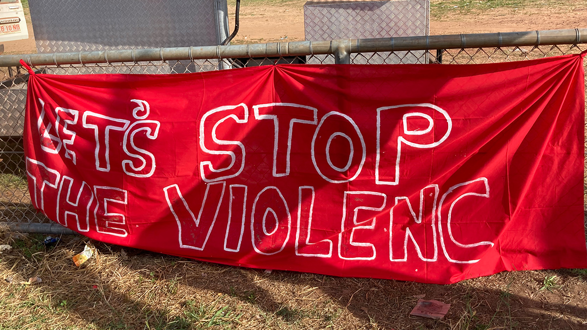 ‘Let’s stop the violence’ banner at a conference organised by Galiwin’ku Women’s Space in East Arnhem Land