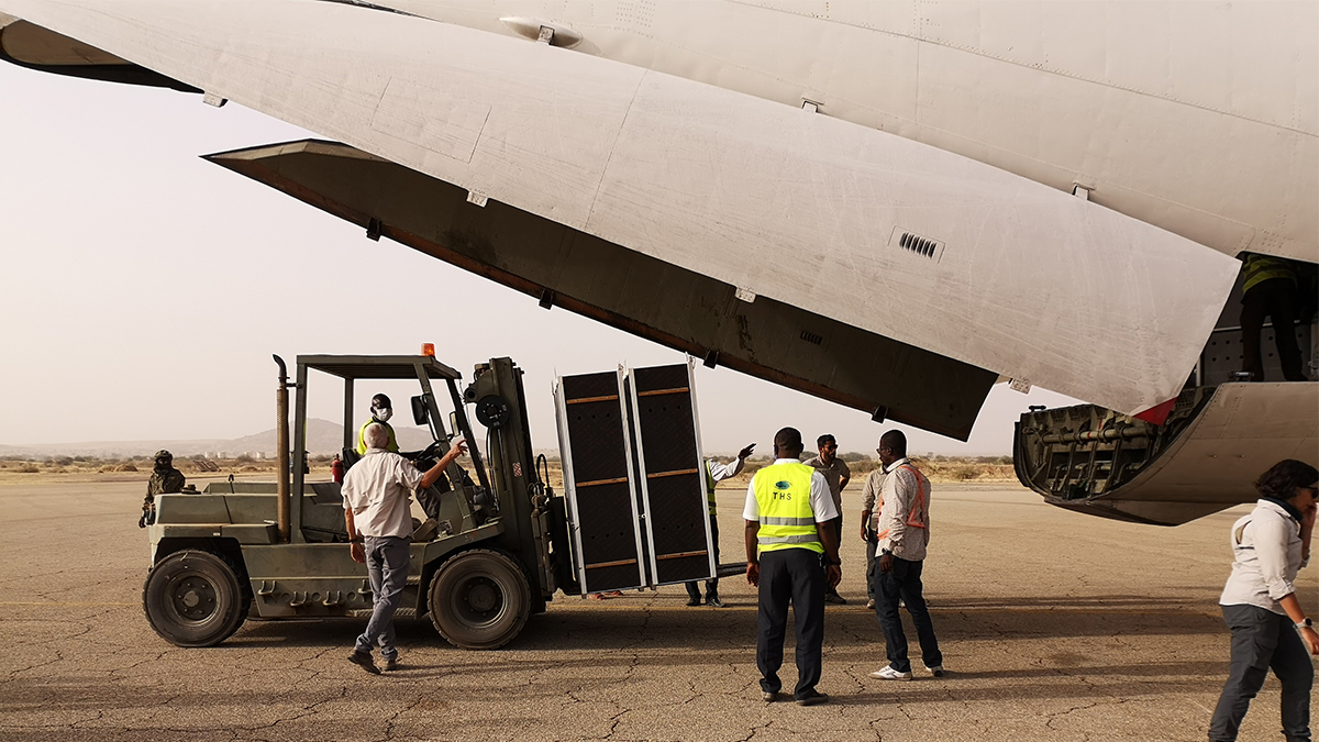 The gazelles are unloaded from the Ilyushin plane flown over from the UAE