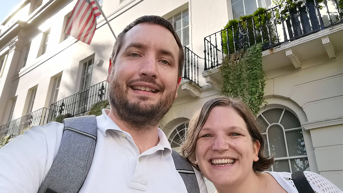 Dave and Becky Waterman outside Liberian Embassy in London ahead of their next adventure