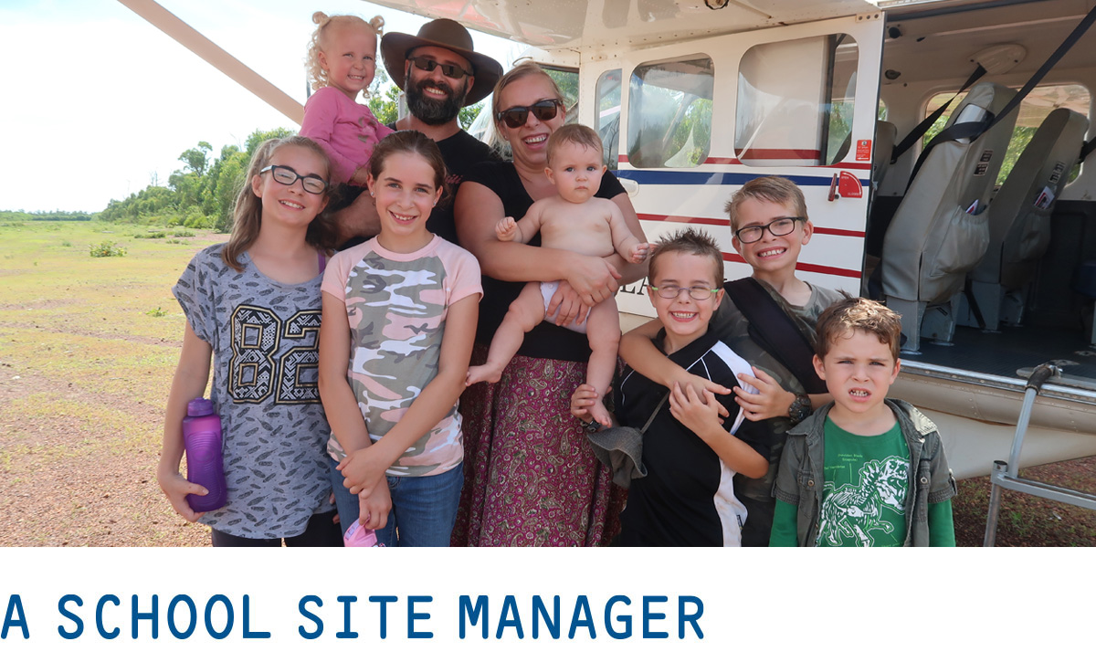 A family in front of a plane with the caption "A school site manager"
