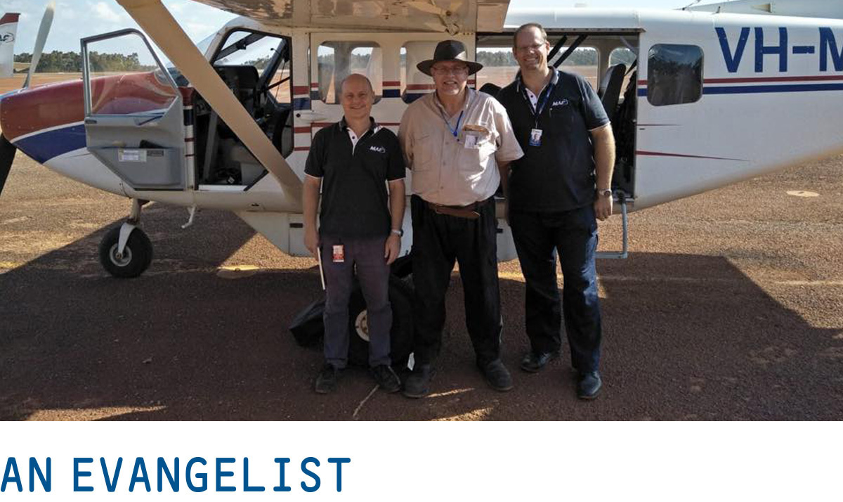 Three men in front of a MAF plane with the caption - An evangelist