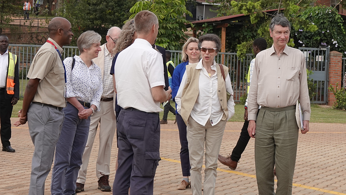 Princess Anne and Sir Tim Laurence are welcomed by MAF and partners at MAF base, Kajjansi Airfield