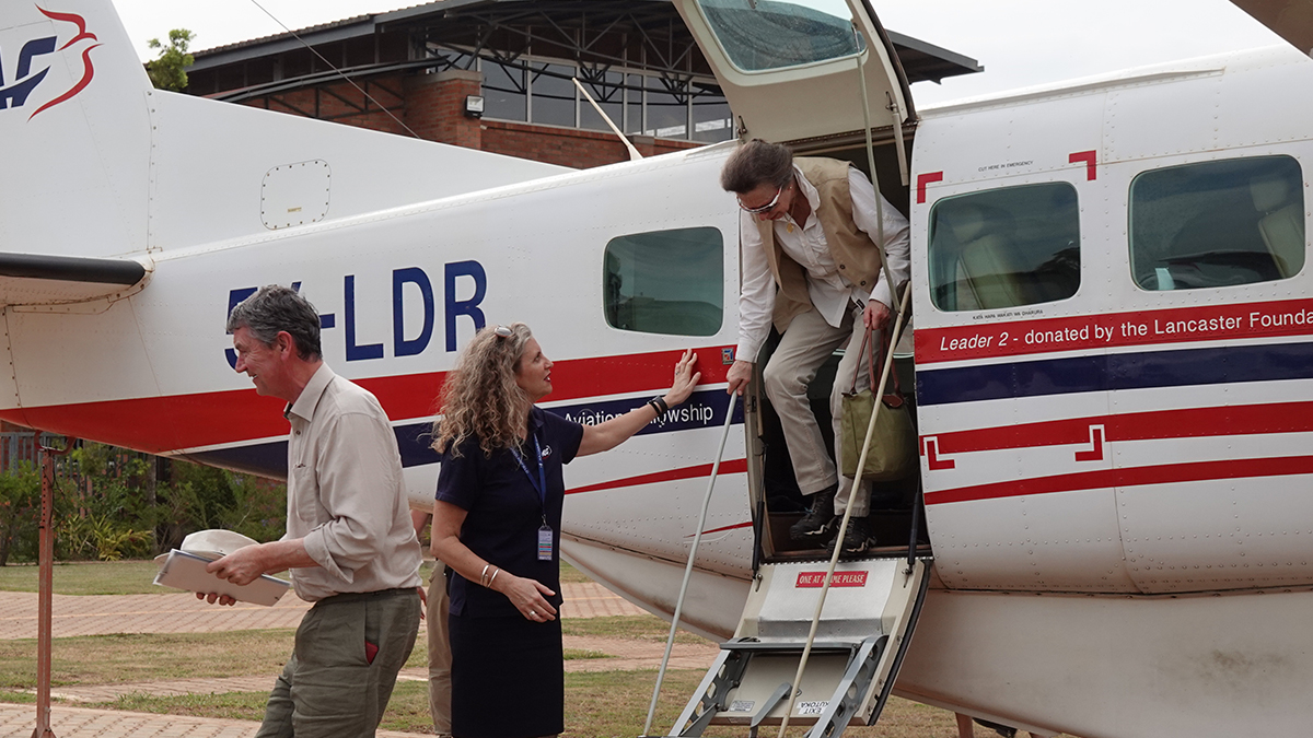 Princess Anne and Sir Tim Laurence return to Kajjansi Airfield met by Ruth Jack, MAF Country Director for Uganda