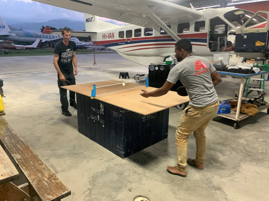 For relaxation, staff play ping pong in the hangar (credit: David Carwell)
