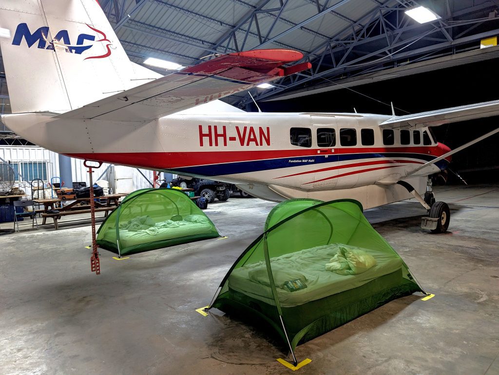 International staff are sleeping in the hangar for safety (credit: Zacharie H. Francois)
